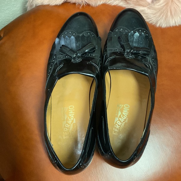 Salvatore Ferragamo oxfords black leather kiltie toe 11.5D vintage